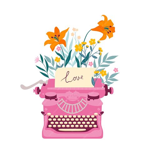 Premium Vector Old Style Pink Typewriter With Flowers Isolated On