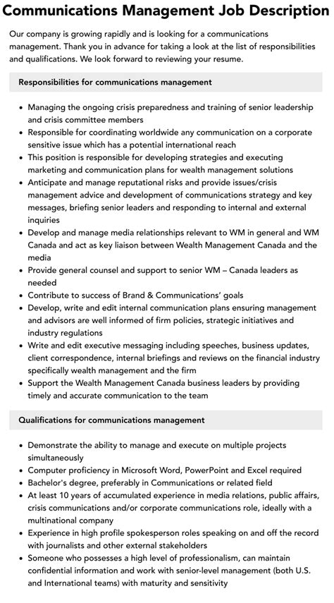 Communications Management Job Description Velvet Jobs