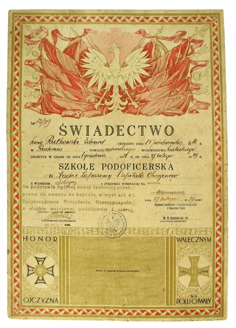 Świadectwo Szkoła Podoficerska 1 Szpital Okręgowy Warszawa 1939 924