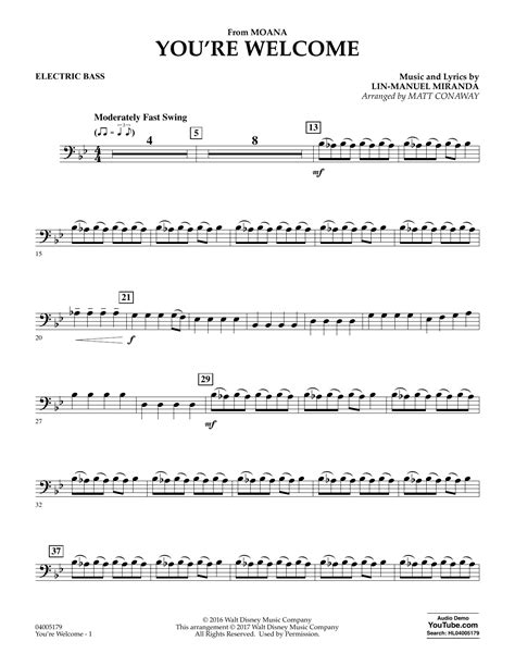 You Re Welcome From Moana Arr Matt Conaway Bass By Lin Manuel Miranda Sheet Music For