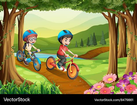 Two Boys Riding Bicycle In The Park Royalty Free Vector