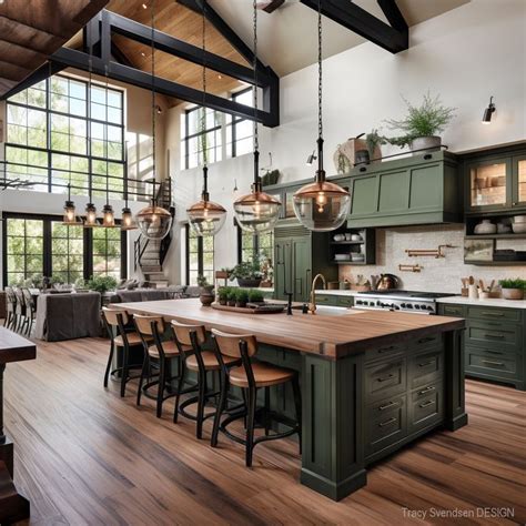 A Large Kitchen With Wooden Floors And Green Cabinets