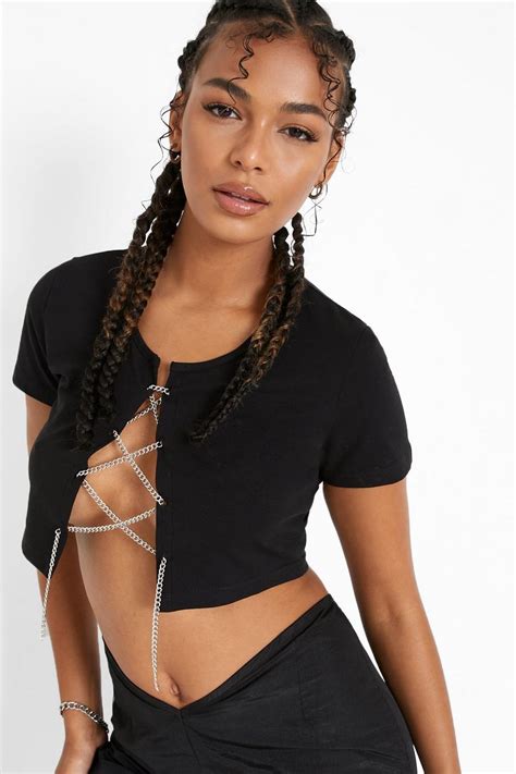 Women S Black Chain Lace Up Crop Top Boohoo Uk