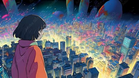 Futuristic Anime Girl in an Asian Metropolis Stock Illustration | Adobe ...