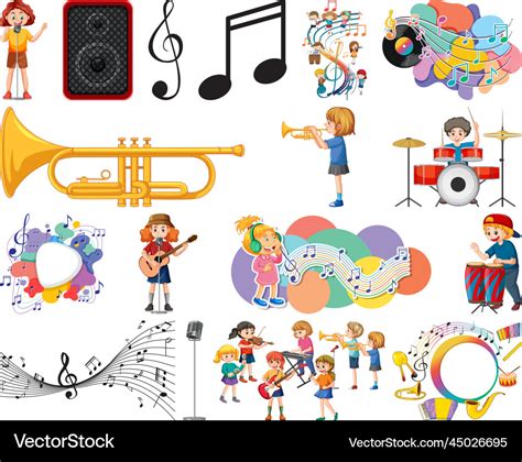 Kids musical instruments and music symbols set Vector Image