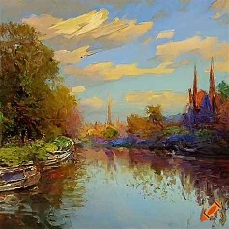 Impressionist Painting Of A River With Boats And Houses