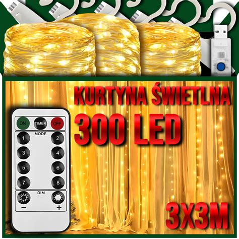 KURTYNA ŚWIETLNA LED 3x3 Lampki x 300 Świąteczne Choinkowe Girlanda Na