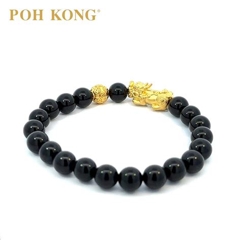 Poh Kong 99924k Pure Gold Black Agate Pixiu With Gold Round Beads Bracelet