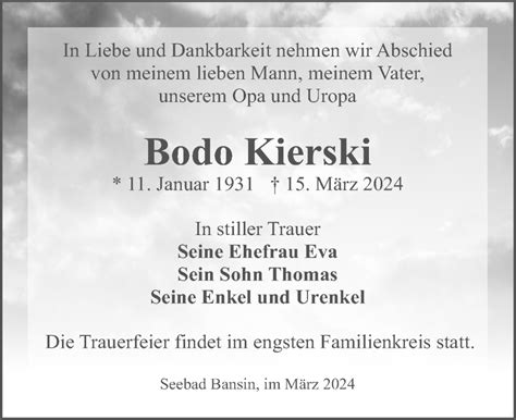 Traueranzeigen Von Bodo Kierski Trauer Anzeigen De