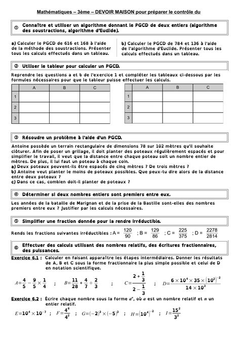 Mathématiques 3ème DEVOIR MAISON pour préparer le contrôle