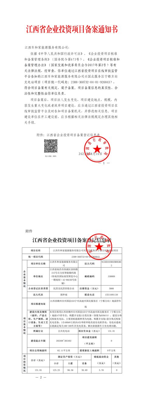 兴行审投资字2023411号江西车和家能源服务有限公司兴国北服务区宁都方向充电站项目企业投资项目备案通知书 电子证照 兴国县信息公开