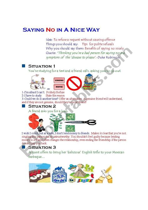 Saying No In A Nice Way Esl Worksheet By Franknbea