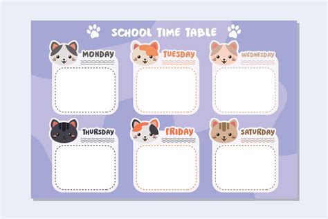 Back To School TimeTable Template Cute Cat Theme 12392147 Vector Art At