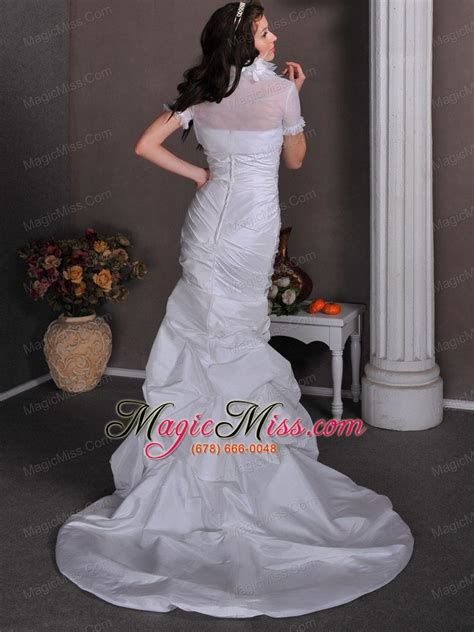 Elegant Column Strapless Brush Train Taffeta Ruch And Pick Ups Wedding