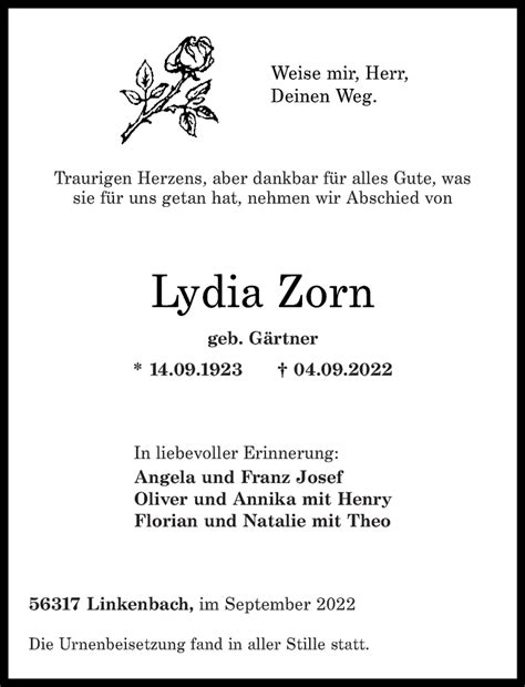 Traueranzeigen Von Lydia Zorn Rz Trauer De