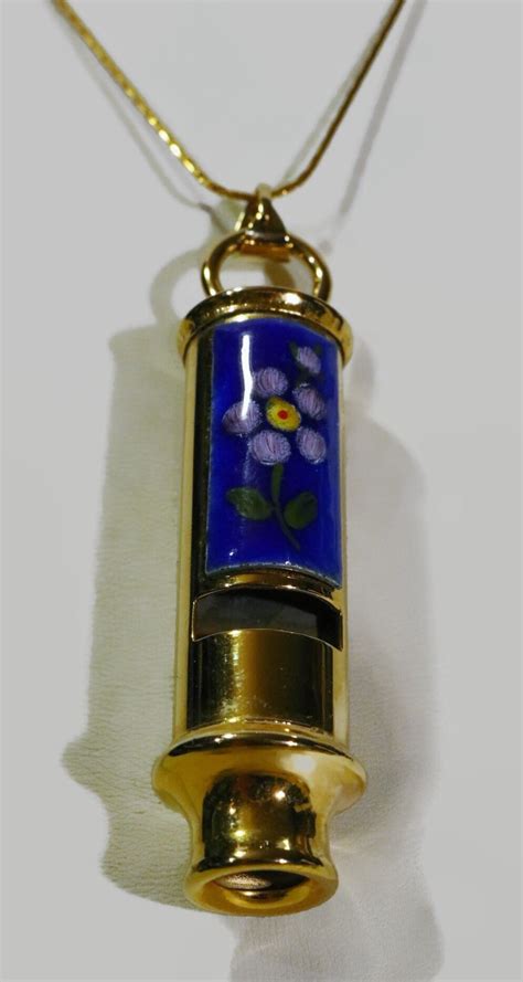 Vintage Brass Tone Whistle Wcobalt Blue Enamel Flower 23 Necklace