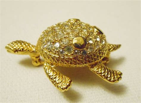 Givenchy Vintage Jewelled Crystal Gold Tone Turtle Brooch Pin Stunning