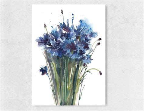 Cornflower blue flowers watercolor painting print floral | Etsy