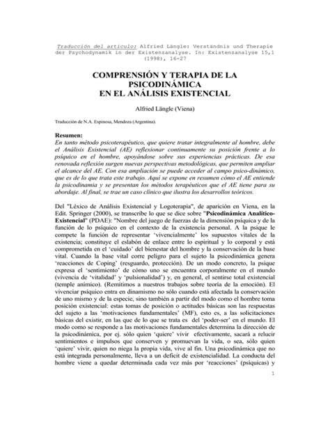 Comprensi N Y Terapia De La Psicodin Mica En El An Lisis Existencial