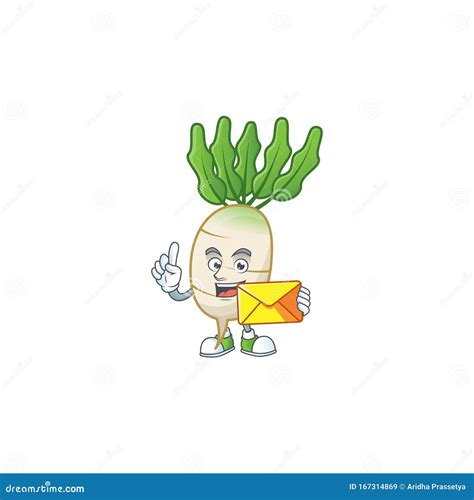 Cheerful A Daikon Mascot Cartoon With Envelope Stock Vector