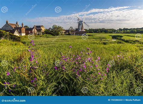 Purple Flowers In The Foreground Of A View Of The Village Of Cley And