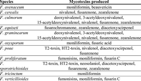 Important Species Of Fusarium Infecting Cereals And Mycotoxins Produced