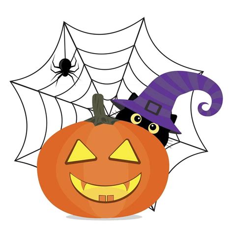 Spiders Web Black Cat And Pumpkins Happy Halloween Clipart Card Making