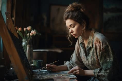 Mujer caucásica de mediana edad pintura estudio de arte artista