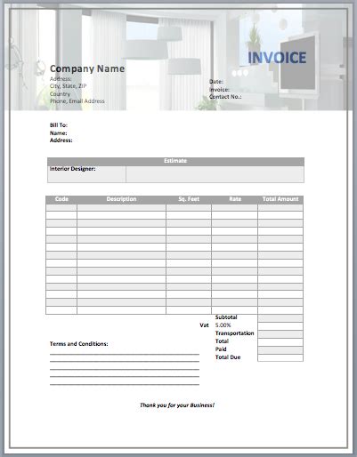 Interior Design Invoice Templates Word Templates