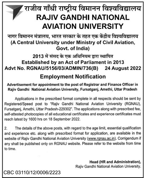 Rajiv Gandhi National Aviation University, Amethi Wanted Registrar ...