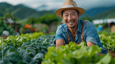 Picture Of An Enthusiastic Farmer In Asia Tending To A Vegetable Garden