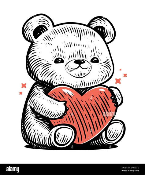 Hand Drawn Funny Teddy Bear With Love Heart Cute Toy In Sketch Style