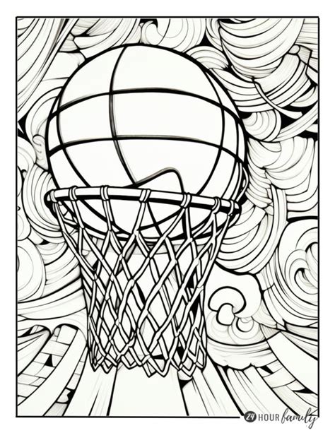 A Drawing Of A Basketball Going Through The Hoop With Clouds And Waves