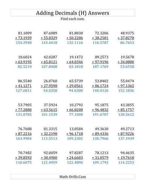 Adding Decimal Ten Thousandths With 2 Digits Before The Decimal Range 10 0001 To 99 9999 H