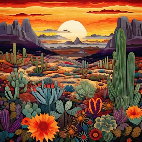 Premium AI Image | Mexican embroidery motif depicting a serene desert landscape with cacti and ...