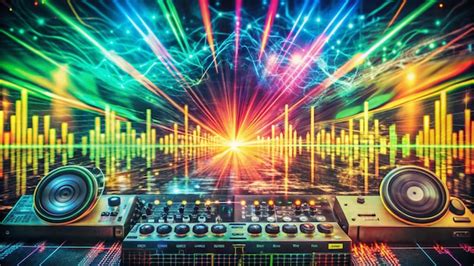 A DJ mixer with colorful lights and sound waves in the background ...