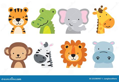 Cute Wild Safari Jungle Animal Faces And Heads Vector Illustration