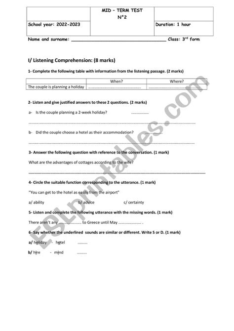 3rd Form Mid Term Test 2 ESL Worksheet By Walidich