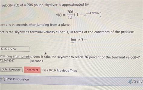 Solved The Velocity V T Of A 206 Pound Skydiver Is Chegg