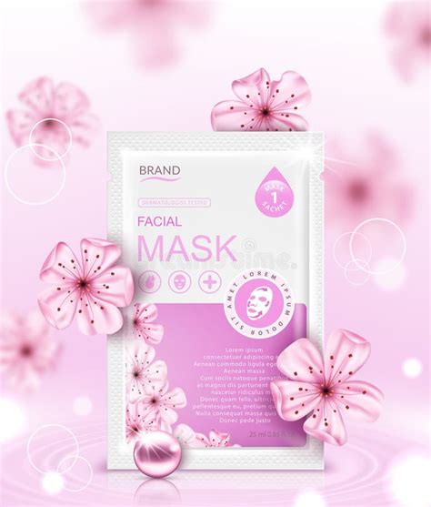 Facial Sheet Mask Sachet Package And Sakura Flowers Vector Realistic