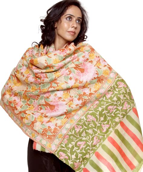 Beige Densely Embroidered Phulkari Aari Stole From Kashmir Exotic