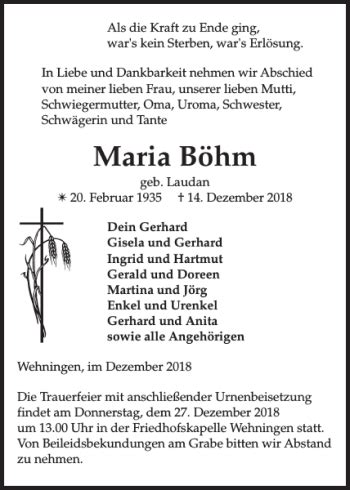 Traueranzeigen von Maria Böhm Trauer Nordkurier