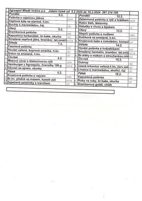 Jídelní lístek od 5 2 do 16 2 2024 Agrospol Mladá Vožice a s