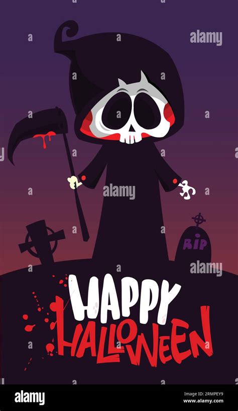 Grim Reaper Cartoon Character With Scythe Halloween Funny Death Skeleton Illustration Package