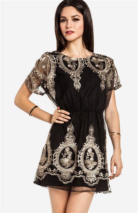 Dailylook Metallic Embroidered Fit And Flare Dress In Black Fit And