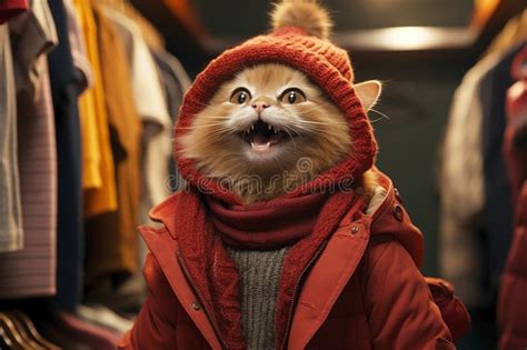 Cute Funny Cat in Winter Clothes in Fitting Room Stock Photo - Image of ...