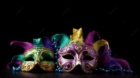 Pair Of Mardi Gras Masks With Feathers Against A Black Background ...