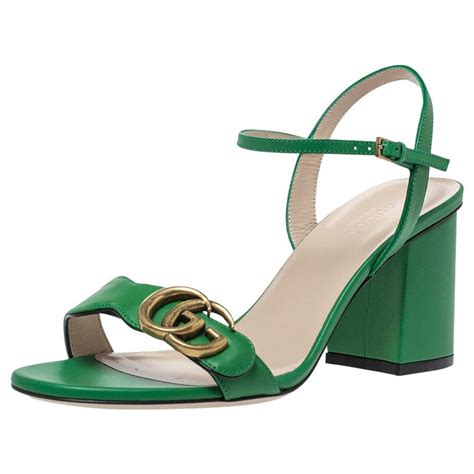 Gucci Green Leather Gg Marmont Block Heel Ankle Strap Sandals Size 37 5