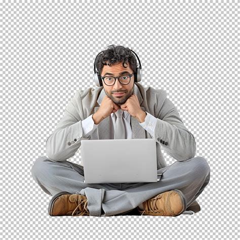 A Man Wearing Headphones Sits On The Ground With A Laptop Premium Ai