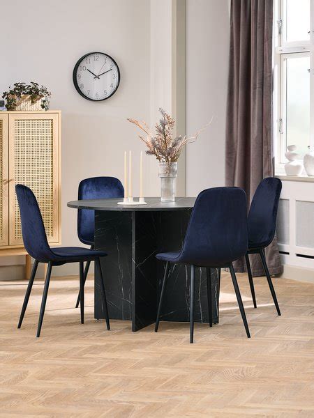 KRONDAL Ø110 tafel marmer 4 BISTRUP fluweel donkerblauw JYSK